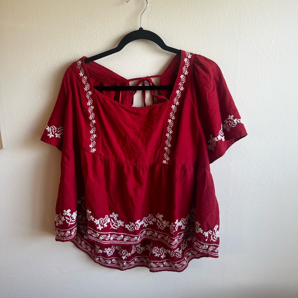 Old Navy Red Blouse with White Embroidery